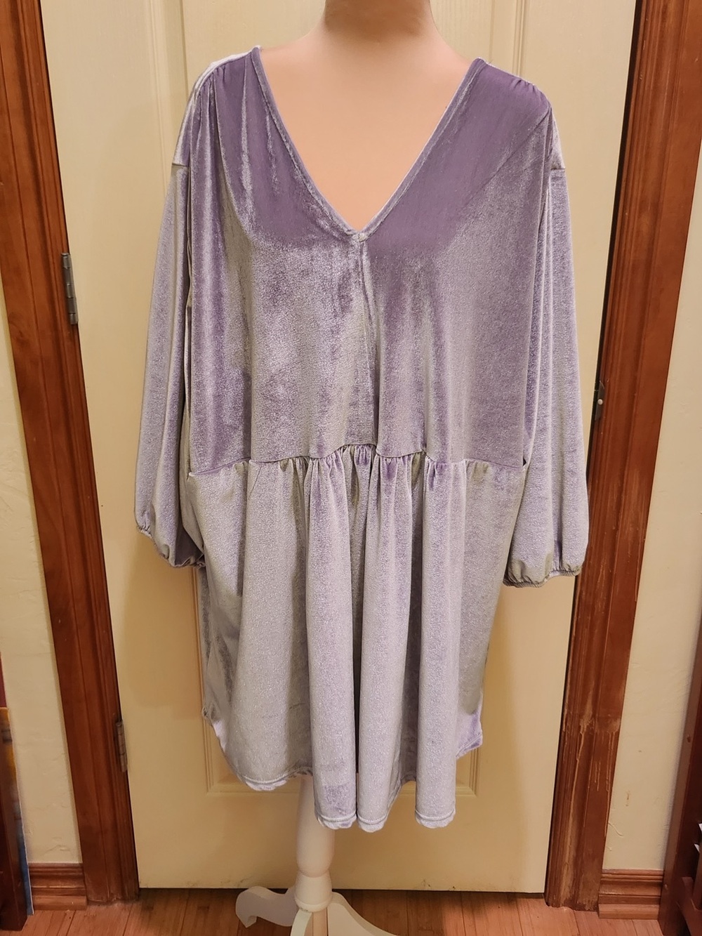 Ellos Lavender V-Neck Velour Tunic Gathered Waist 30/32W Relaxed Fit